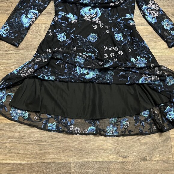 SB Sachin + Babi Long Sleeve Floral Embroidered Black Blue Dress Size 14 - Picture 9 of 9